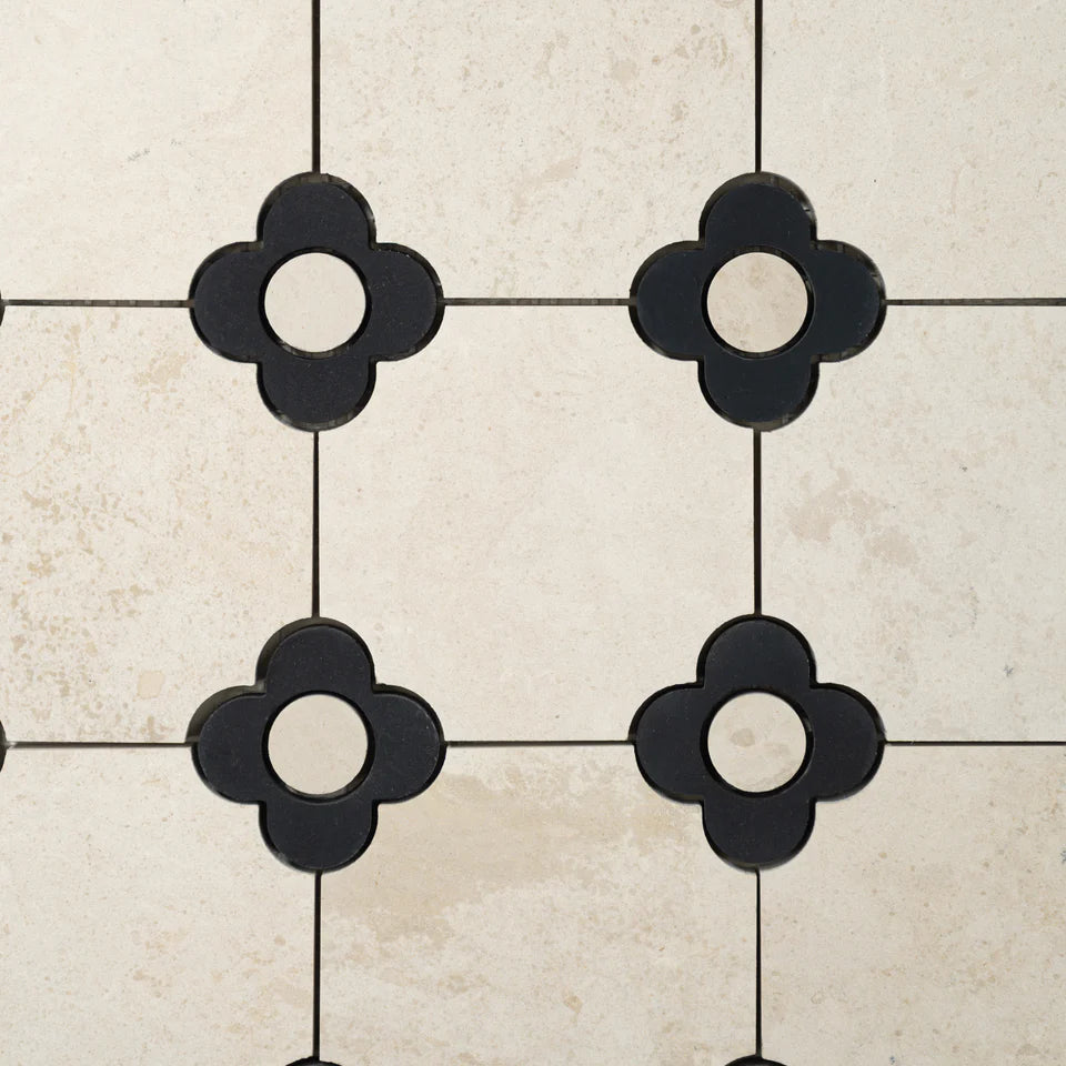 Floral Octagon | Beige Limestone - Nero Marquina - Harley Beige Honed Mosaic Tile
