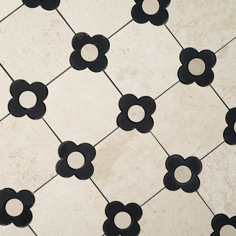 Floral Octagon | Beige Limestone - Nero Marquina - Harley Beige Honed Mosaic Tile