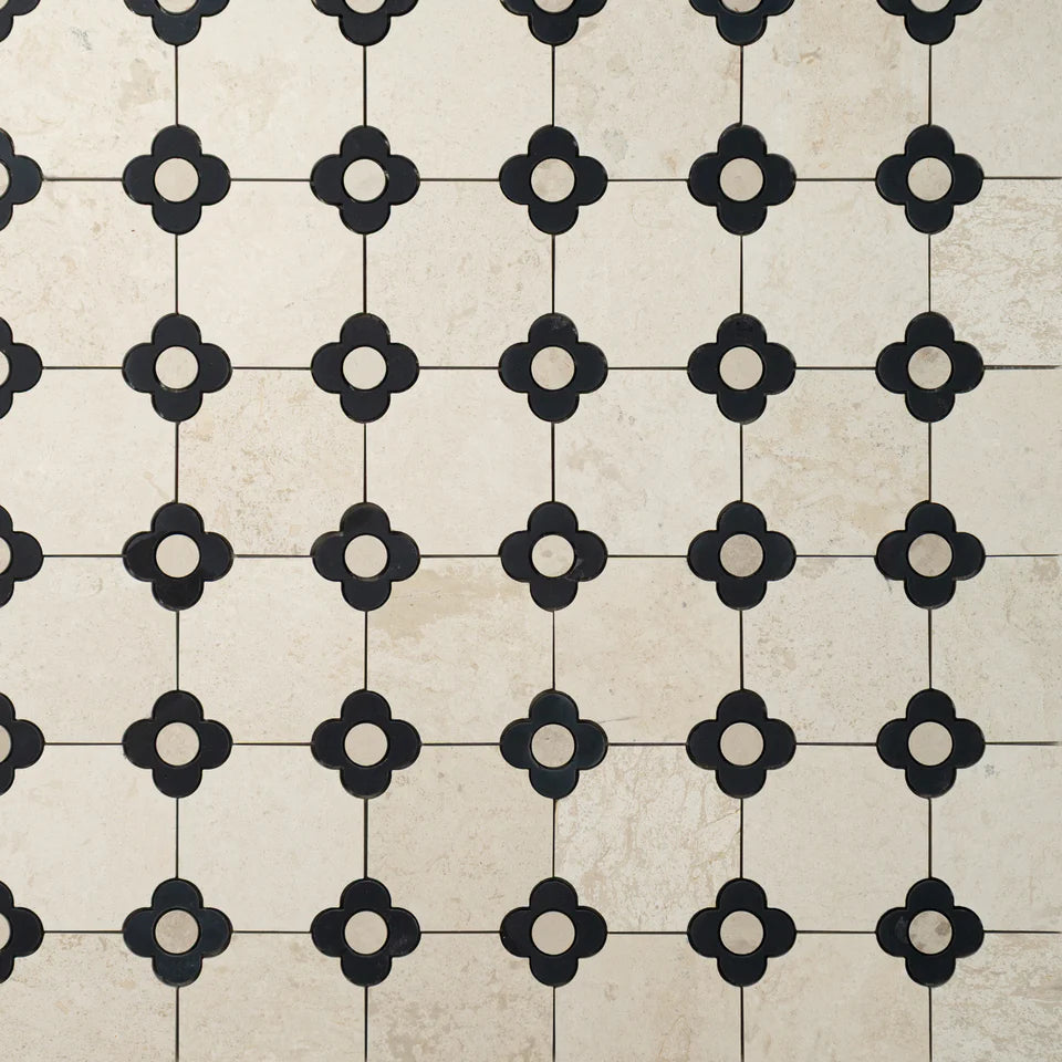 Floral Octagon | Beige Limestone - Nero Marquina - Harley Beige Honed Mosaic Tile