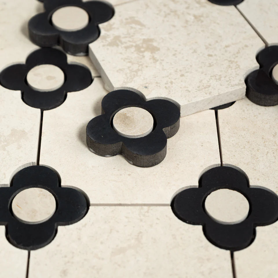 Floral Octagon | Beige Limestone - Nero Marquina - Harley Beige Honed Mosaic Tile