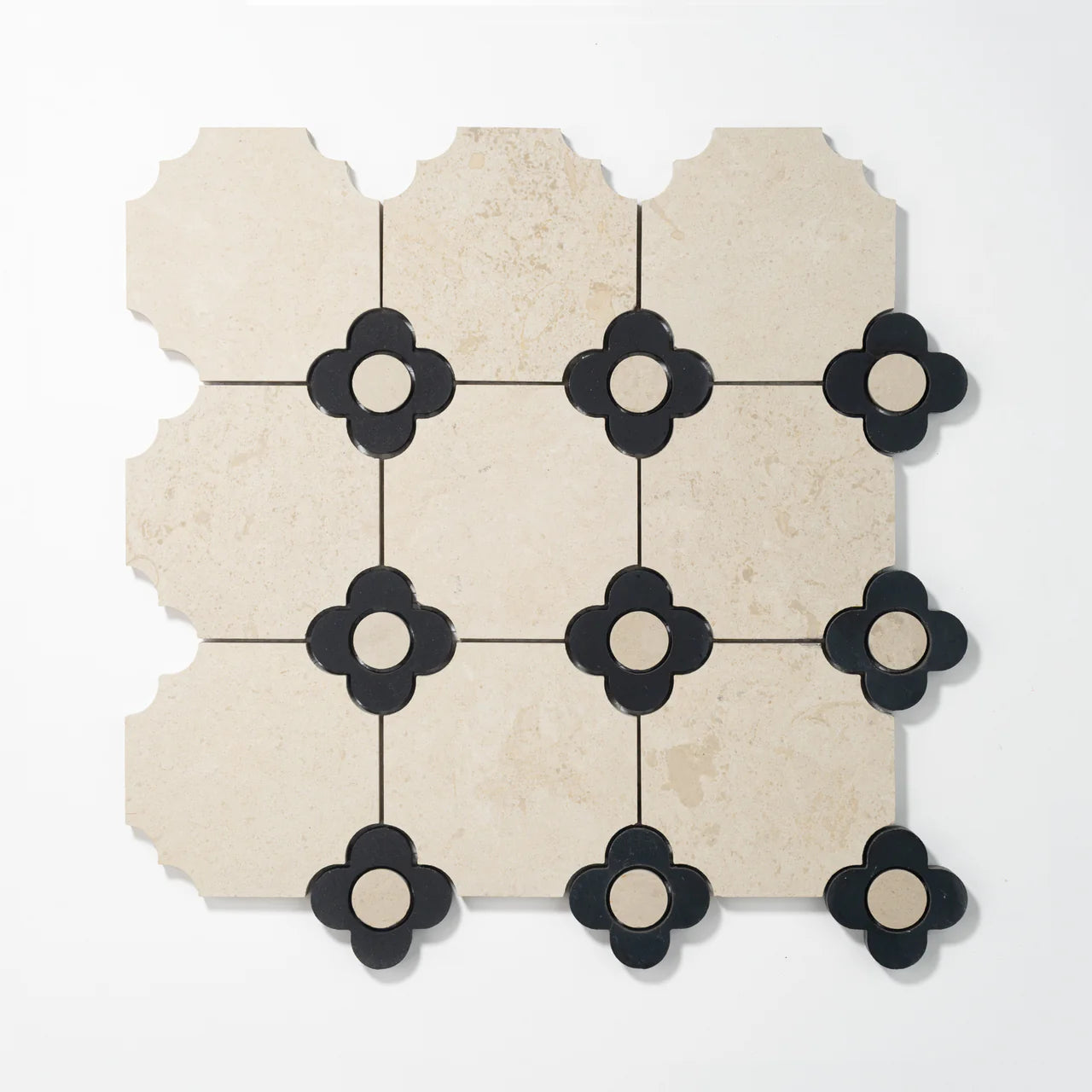 Floral Octagon | Beige Limestone - Nero Marquina - Harley Beige Honed Mosaic Tile