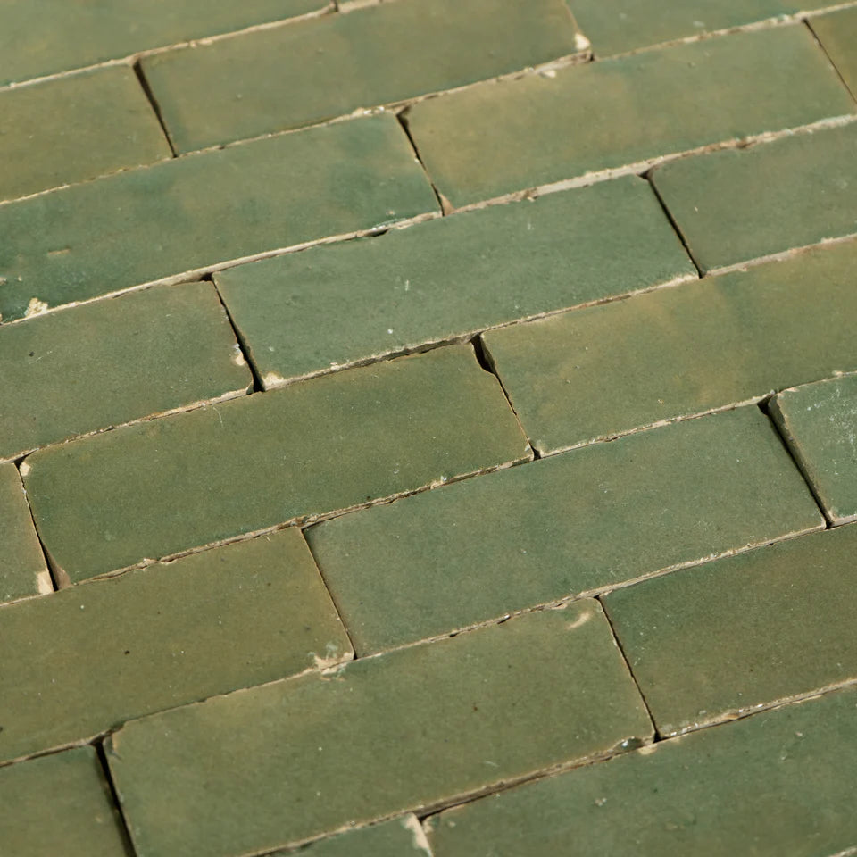 Handmade Moroccan Zellige 2x6 Olive Drab Green Bejmat Terracotta Tile