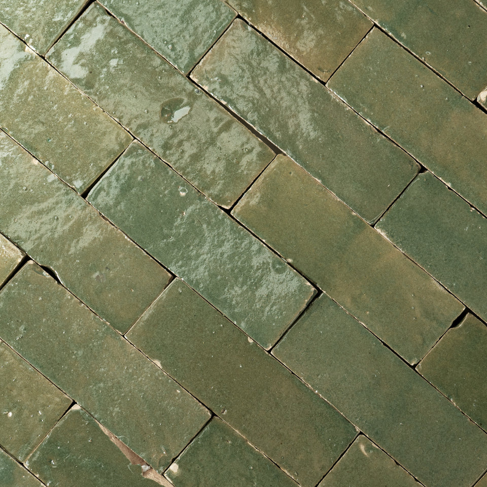 Handmade Moroccan Zellige 2x6 Olive Drab Green Bejmat Terracotta Tile