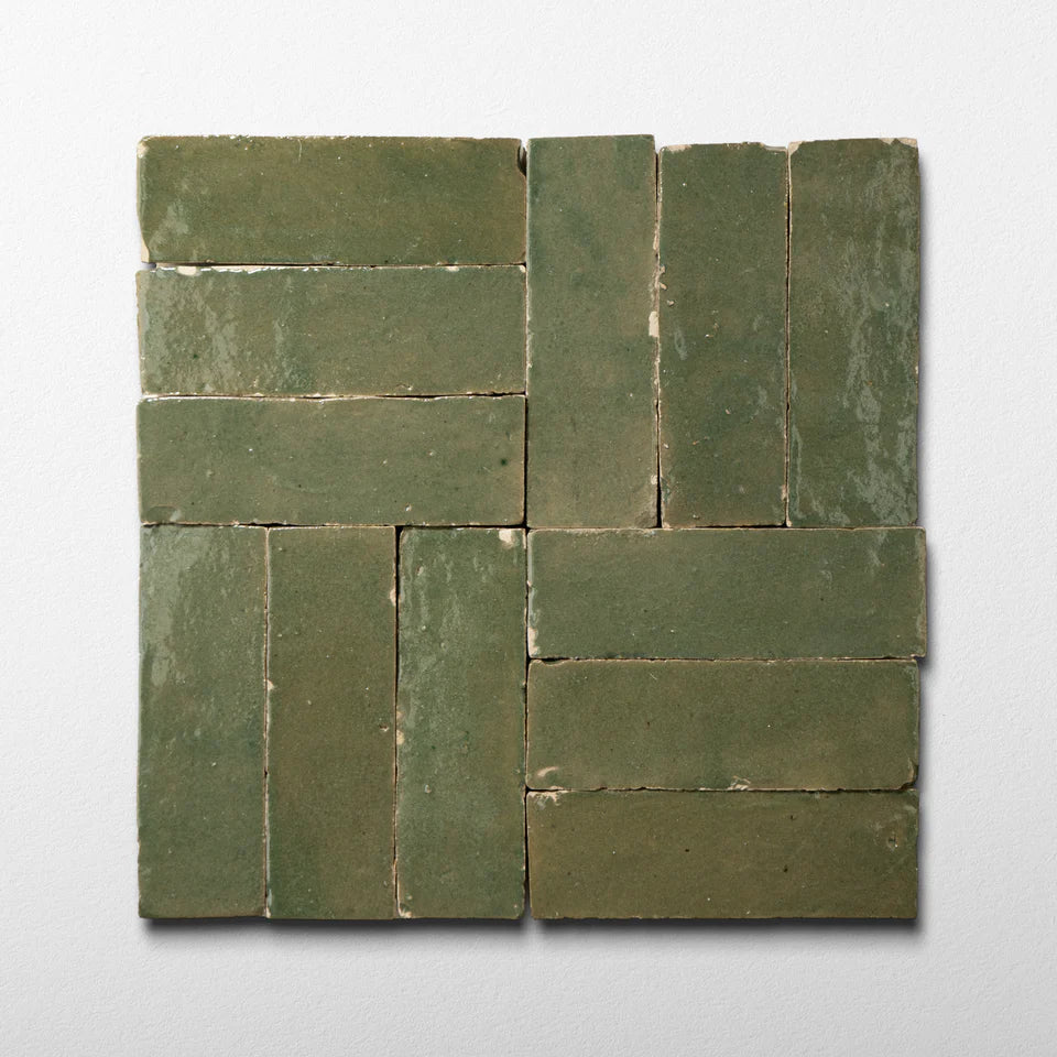 Handmade Moroccan Zellige 2x6 Olive Drab Green Bejmat Terracotta Tile