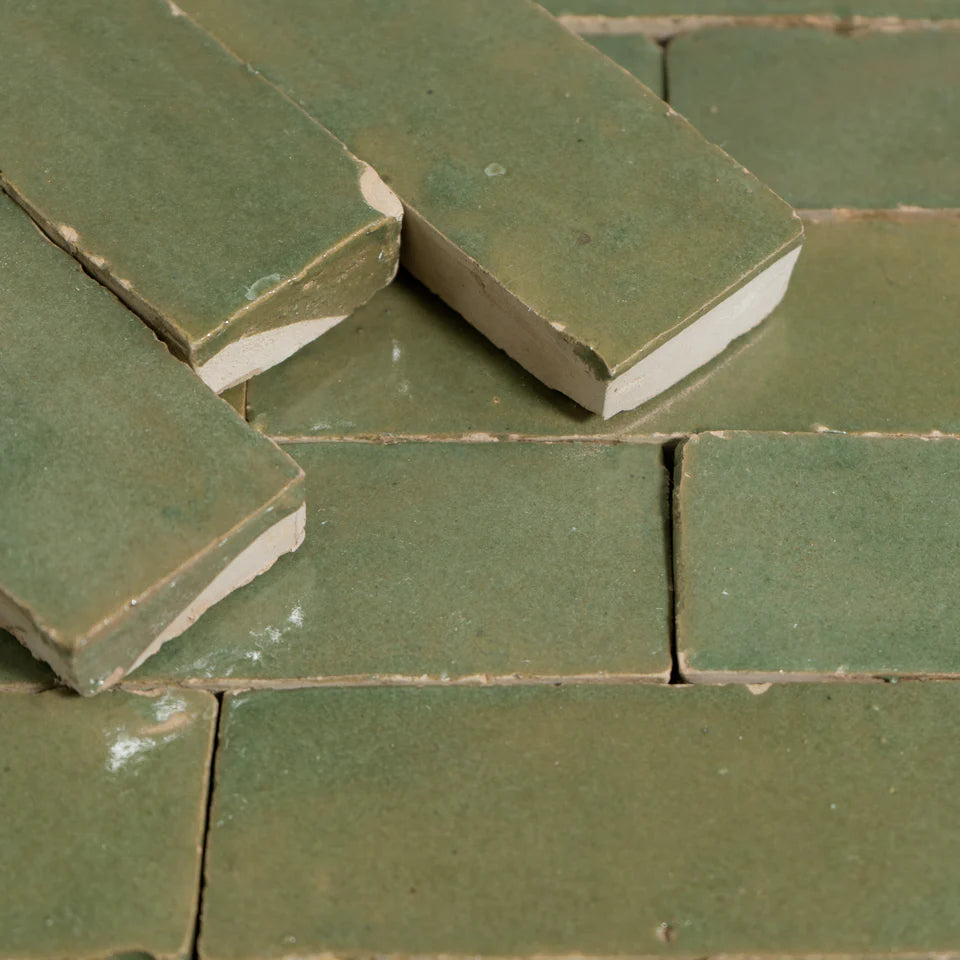 Handmade Moroccan Zellige 2x6 Olive Drab Green Bejmat Terracotta Tile